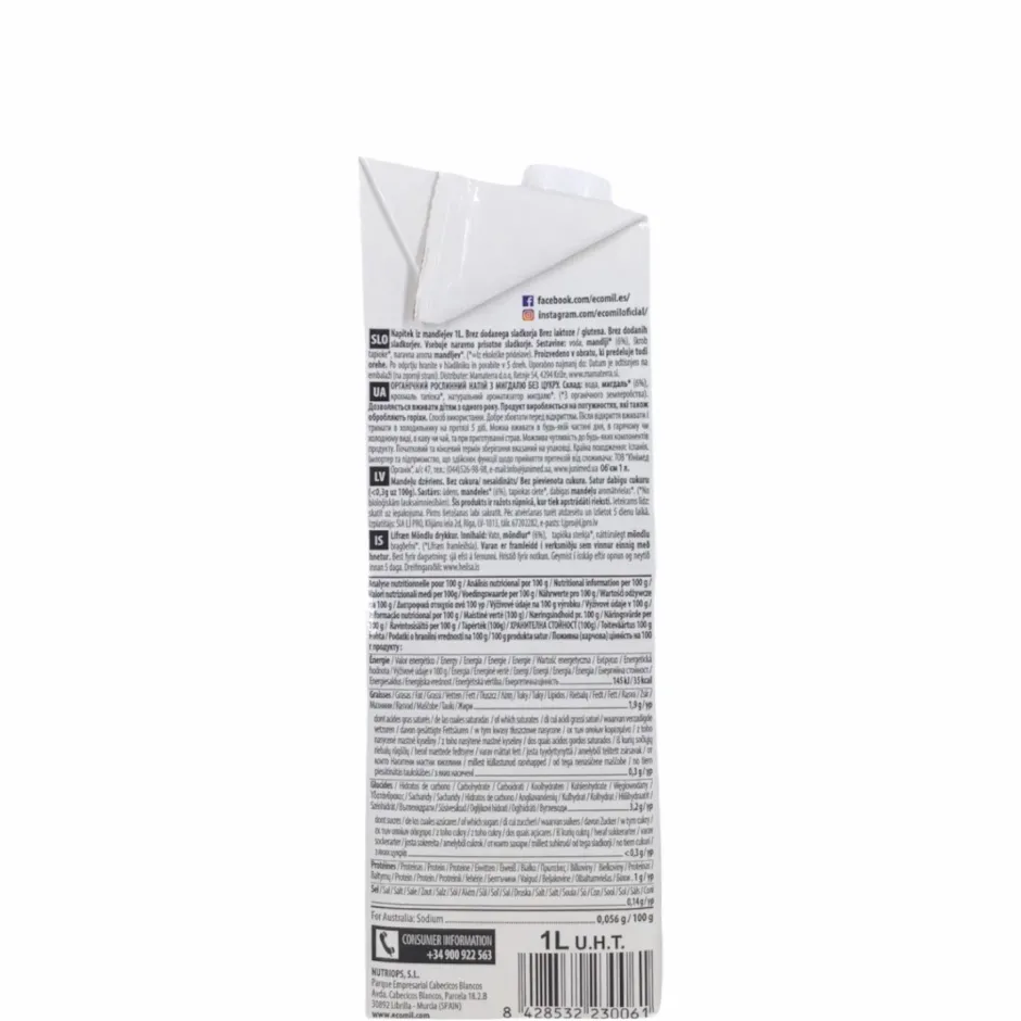 EcoMil Plantaardige Dranken*Amandeldrink Ongezoet - 1L - BIO