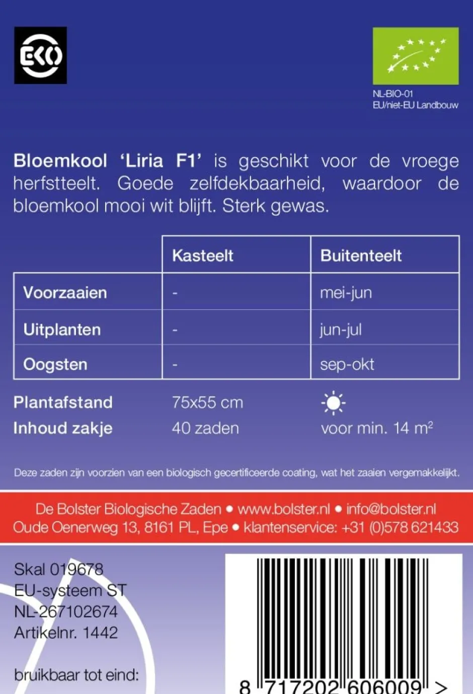 De Bolster Groenten | Koolgewassen*Bloemkool 'Liria F1' - 25 zaden - BIO