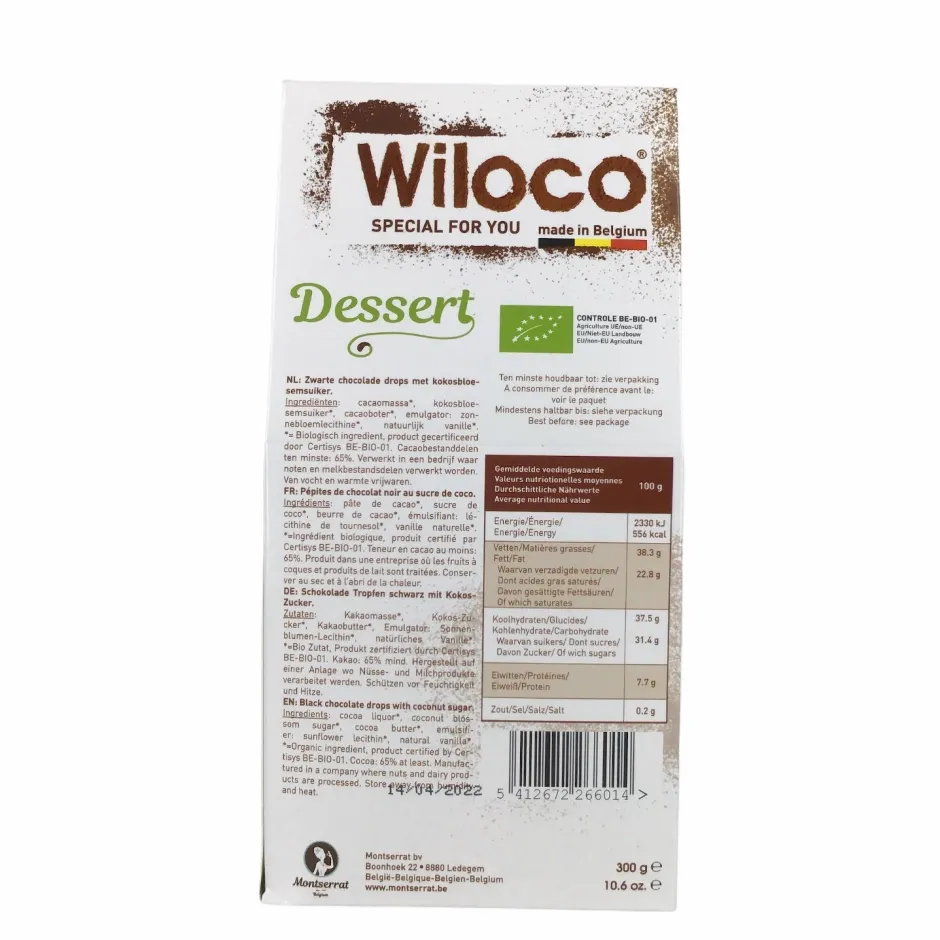 Wiloco Chocolade | Chocolade Druppels*Chocolade Druppels Puur Lactosevrij - 300g - BIO
