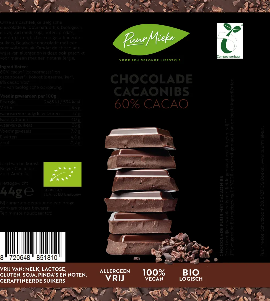Puur Mieke Chocolade*Chocoladereep Cacaonibs - 60% Cacao - BIO