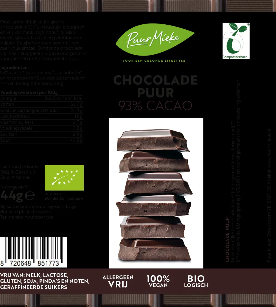 Puur Mieke Chocolade*Chocoladereep Puur - 93% Cacao - BIO