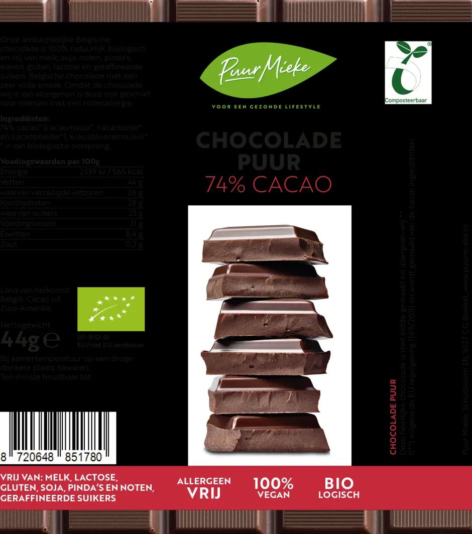 Puur Mieke Chocolade*Chocoladereep Puur - 74% Cacao - BIO