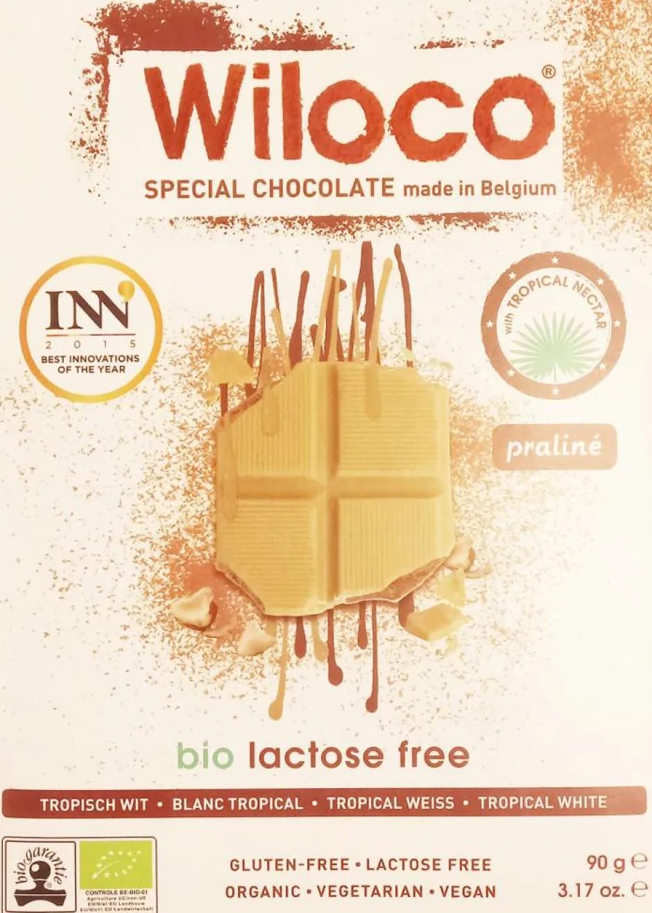 Wiloco Chocolade*Lactosevrije Chocoladereep 'Wit' met Praliné - 90g - BIO