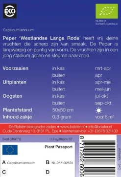 De Bolster Vruchtgewassen | Groenten*Peper 'Westlandse Lange Rode' - 0,3g - BIO